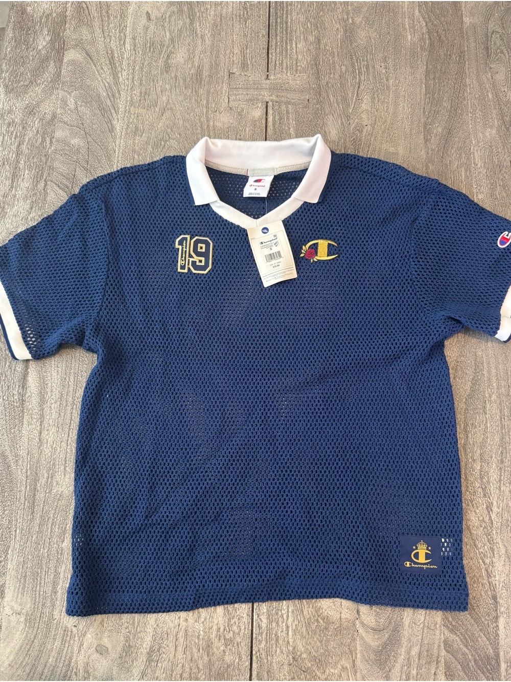 Champion Navy Mesh Polo with White Collar and Trim